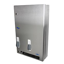DISTRIBUTEUR DOUBLE BOUTON POUSSOIR SERVIETTES ET TAMPONS ACIER INOX